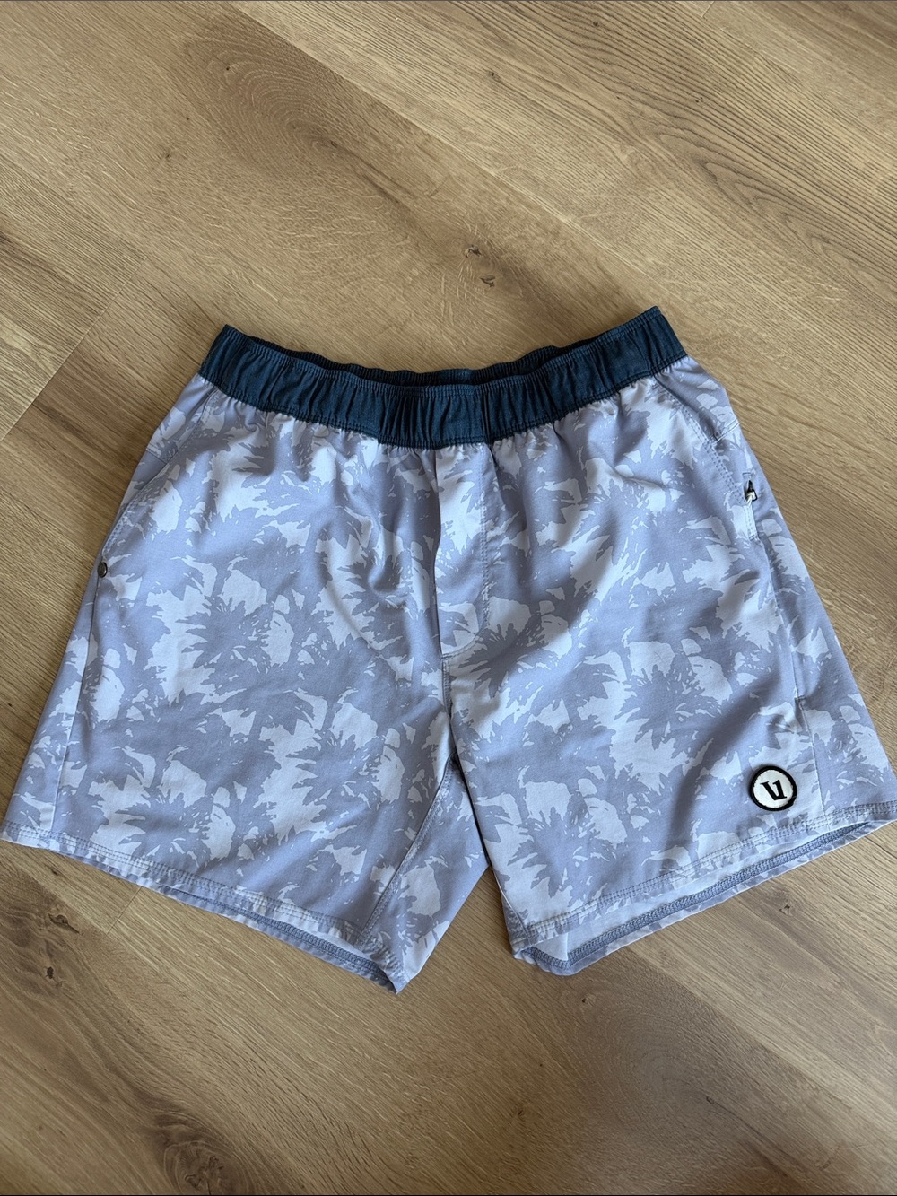 Vuori Gray Palm-Print Unlined Shorts with Navy Waistband
